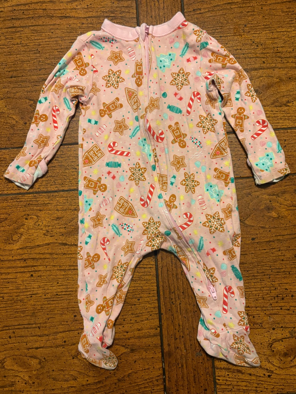 Pink Holiday Christmas  Gingerbread Zip Front Baby One-Piece Pajama, 6-9 month